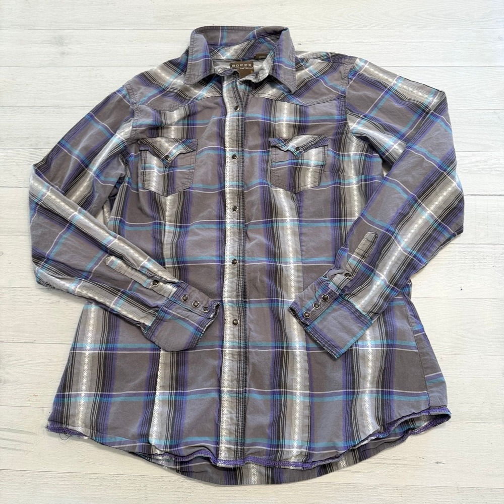 Roper women's button down shirt purple white grey women's medium